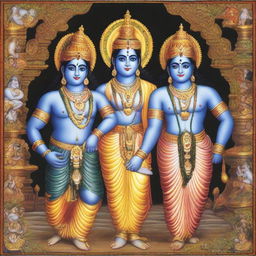 Lord Rama and Lord Krishna, two epic figures from Hindu mythology, depicted together. Both are adorned in traditional attire, sharing wisdom, with a backdrop depicting elements of spirituality and divinity.