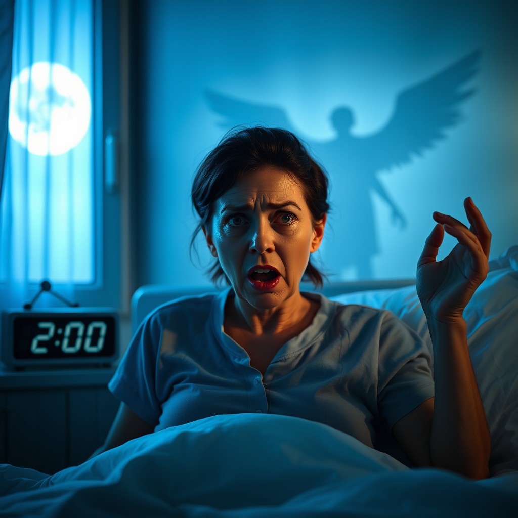 A frightened dark-haired woman, approximately 45 years old, sits upright in bed at 3 a