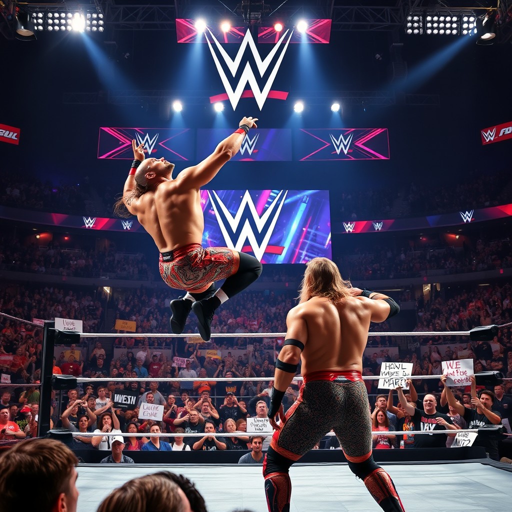 An electrifying WWE wrestling scene set in a grand arena filled with roaring fans