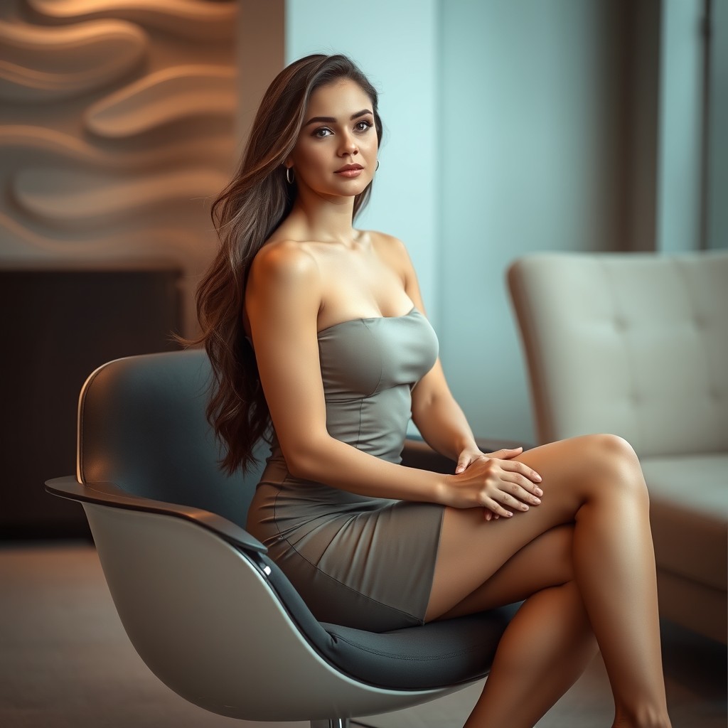 A beautiful model sitting down gracefully on a sleek modern chair, her hands resting on her lap