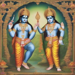 Lord Rama and Lord Krishna, two epic figures from Hindu mythology, depicted together. Both are adorned in traditional attire, sharing wisdom, with a backdrop depicting elements of spirituality and divinity.