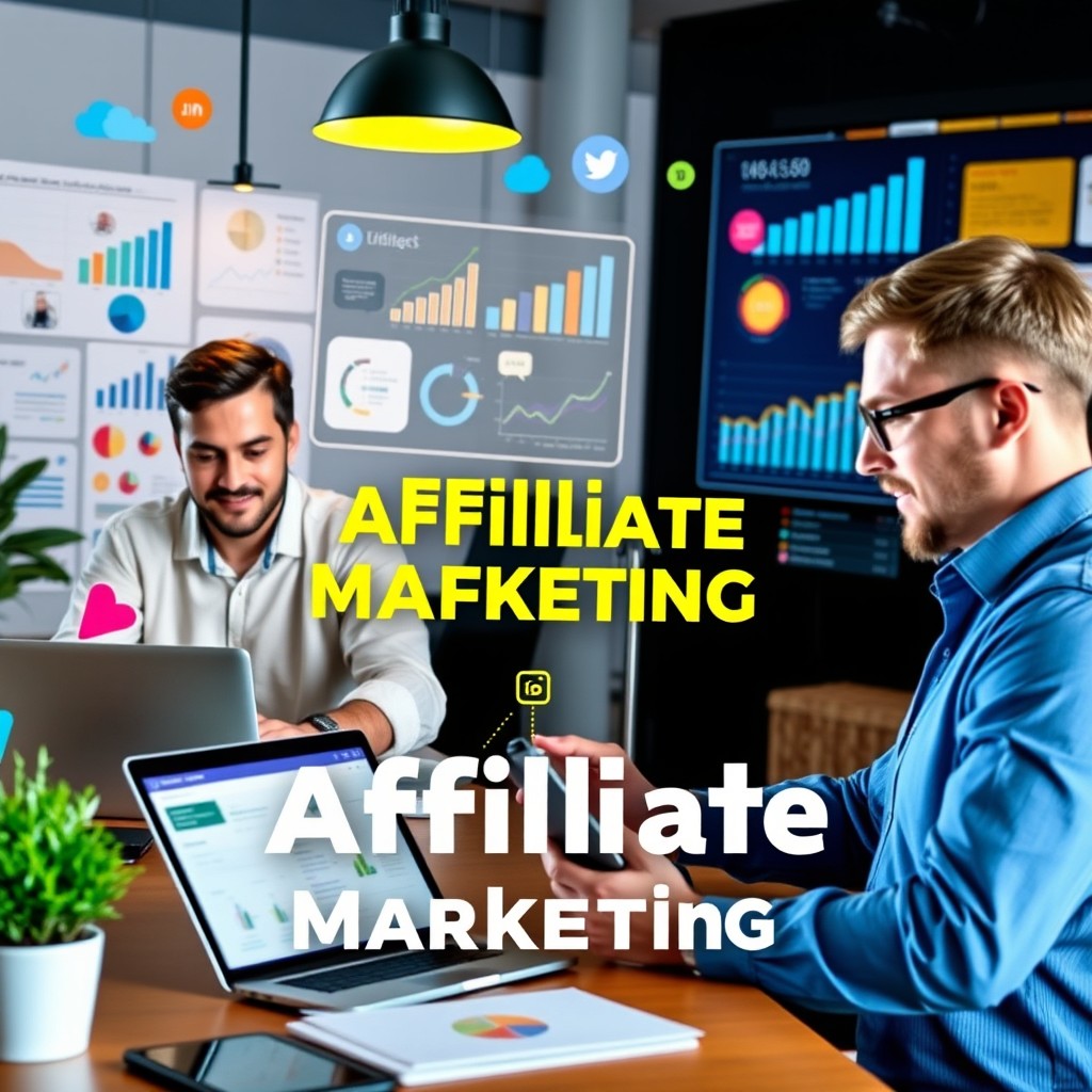 A vibrant and dynamic scene representing the specialized world of affiliate marketing, featuring various professionals in a digital workspace
