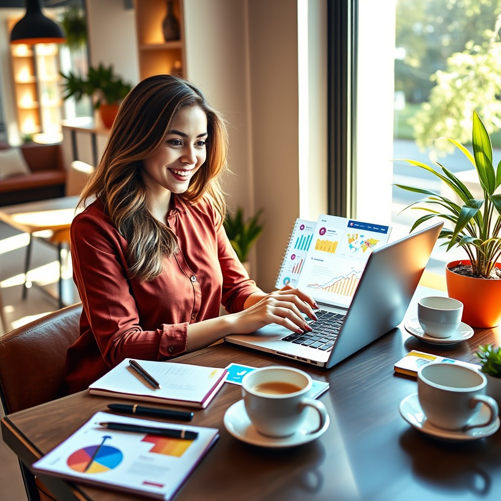 A modern digital marketing scene illustrating self-promotion and attracting customers