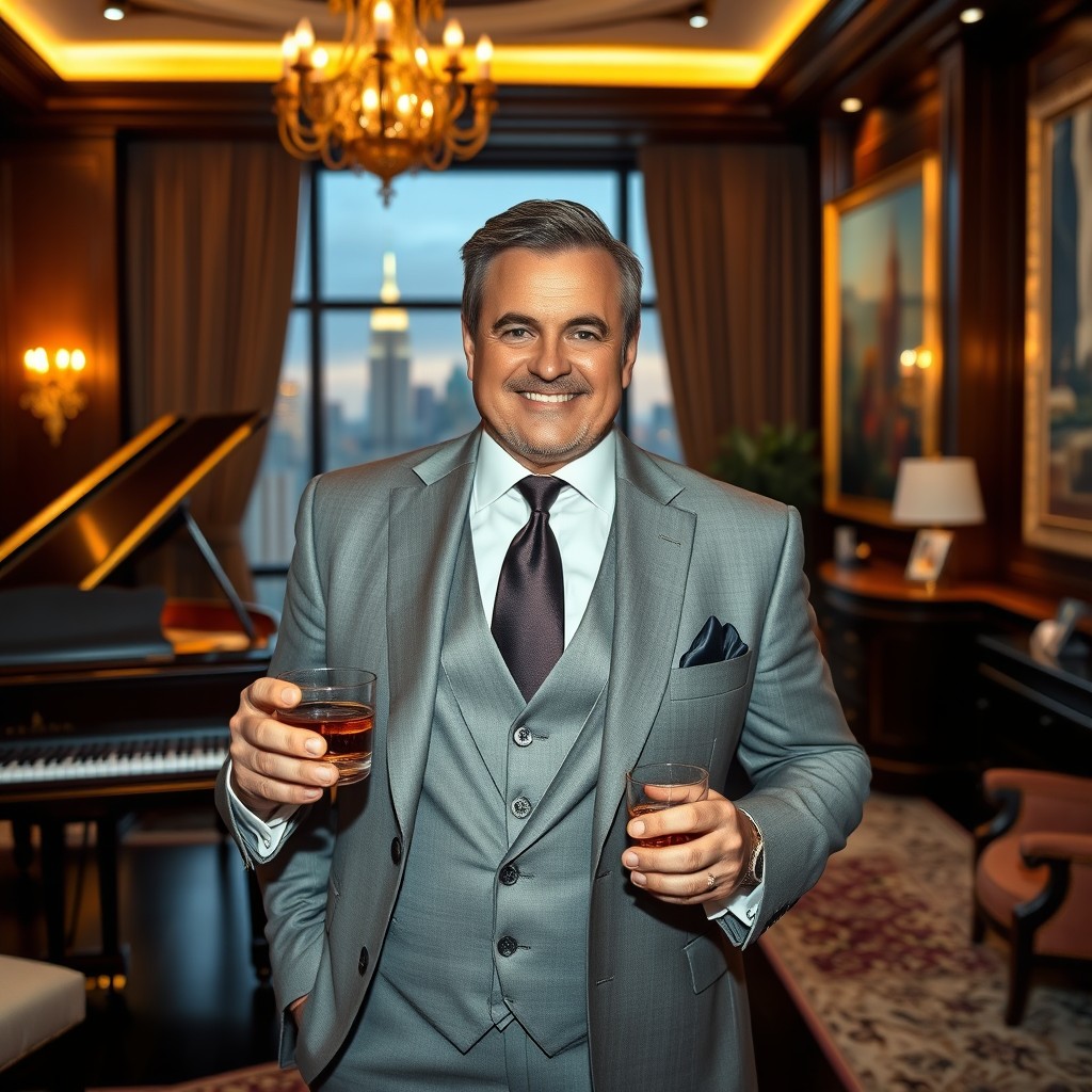 A wealthy man in an elegant suit, standing confidently in a luxurious office