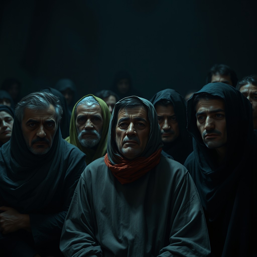 A gathering of Iranian people appearing sad yet content, showcasing their selfish nature