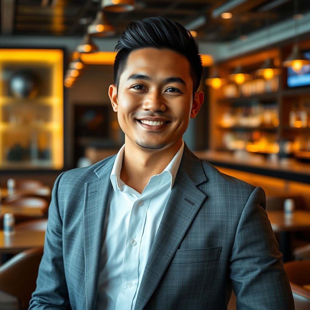 A photorealistic portrait of a 30-year-old Malay man with medium brown tan skin and an oval face shape