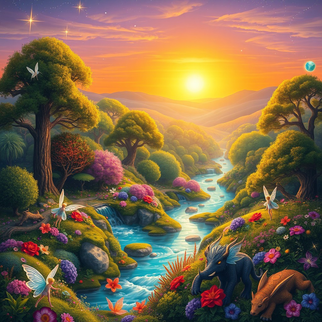 A lush fantasy landscape featuring the mythical realm of Sporia, showcasing vibrant enchanted forests filled with towering trees, sparkling streams, and colorful flora