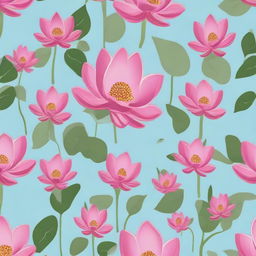 Tile pattern design on a sky blue background featuring small dark pink lotuses with green leaves.