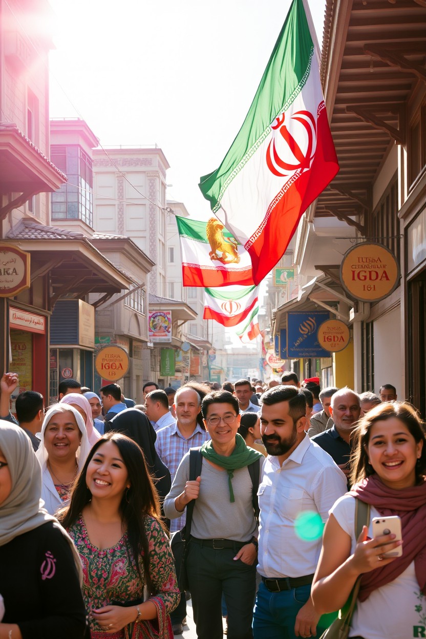 A vibrant street scene in Iran featuring Iranian people joyfully engaging in daily activities