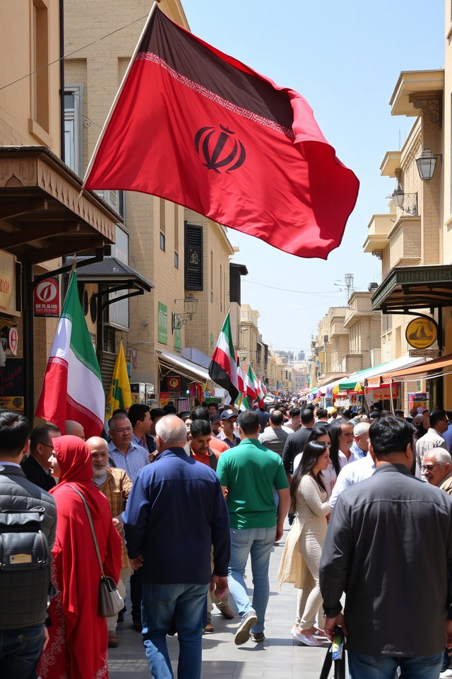 A lively street scene in Iran featuring Iranian people actively engaging in conversation and activities while proudly displaying the Pahlavi flag