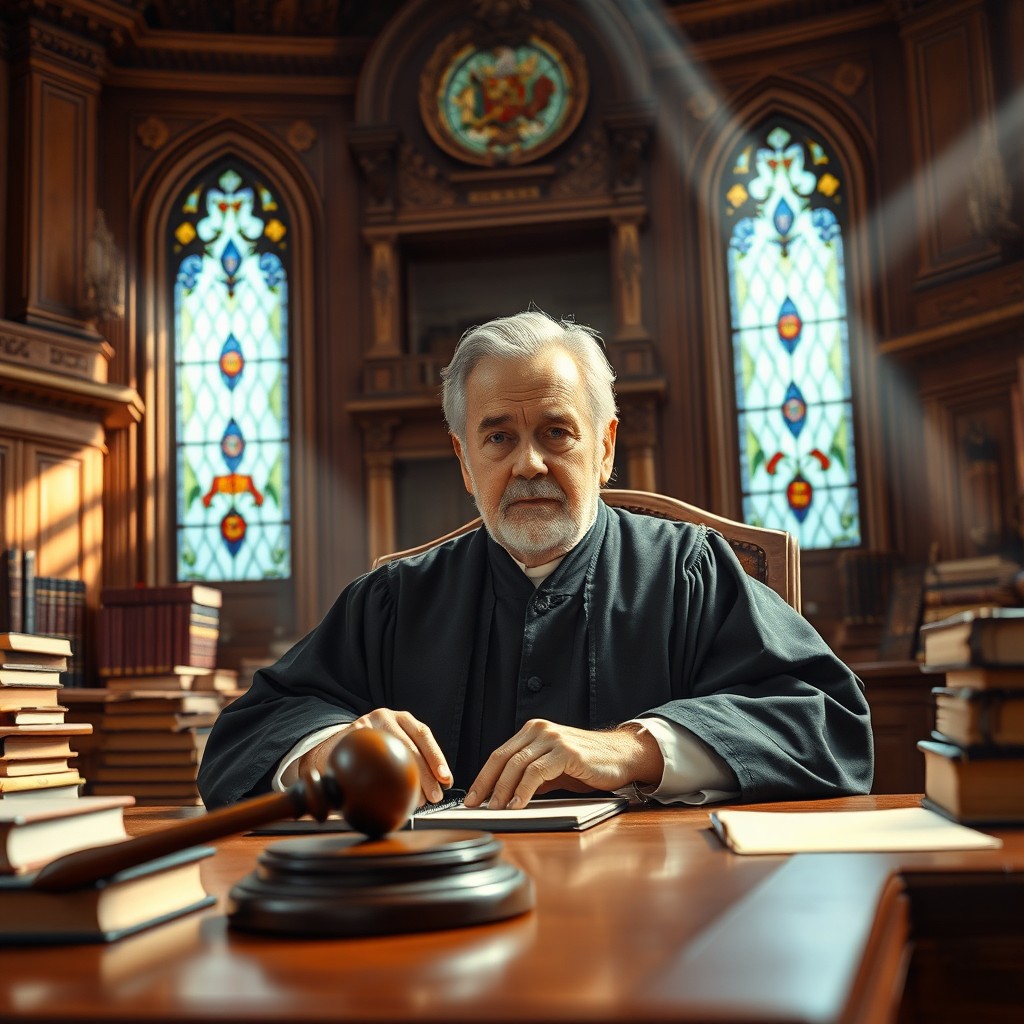 A wise, elderly judge sitting in a grand wooden courtroom surrounded by law books