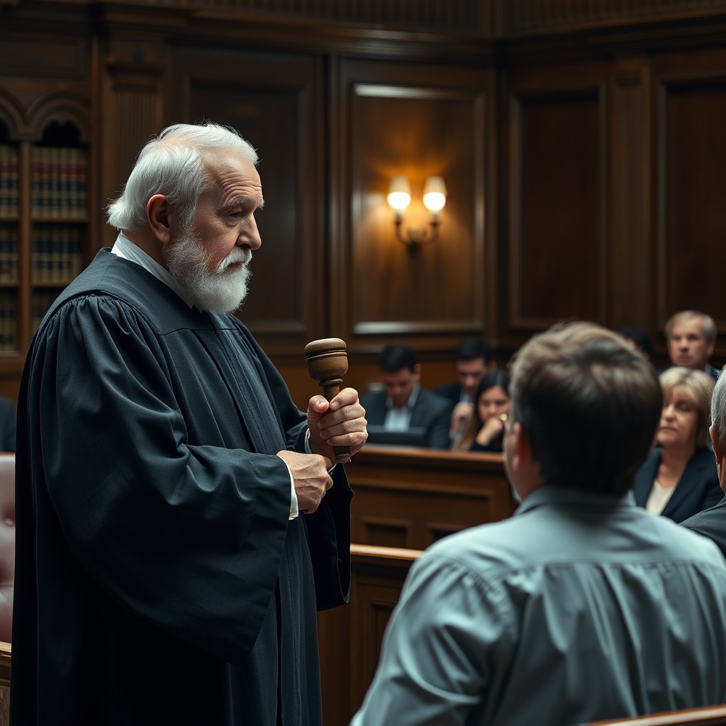 A dramatic scene in a courtroom where an elderly judge, wearing a traditional black robe, is sentencing a defendant