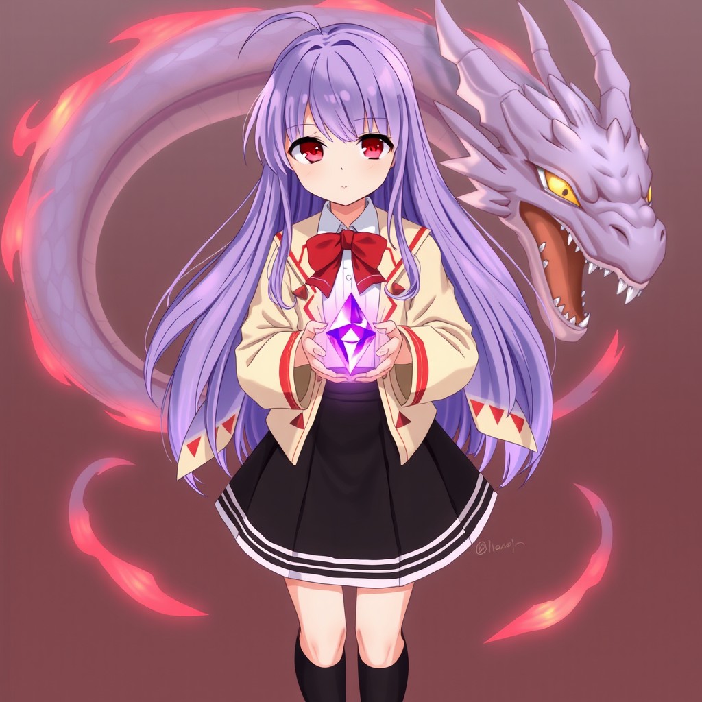 A 15-year-old Japanese girl with long flowing lavender hair, a fringe covering her right eye completely, and striking red eyes