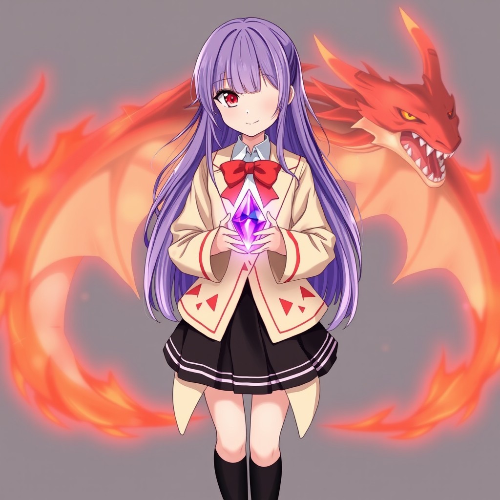A 15-year-old Japanese girl with long flowing lavender hair, a fringe covering her right eye completely, and striking red eyes