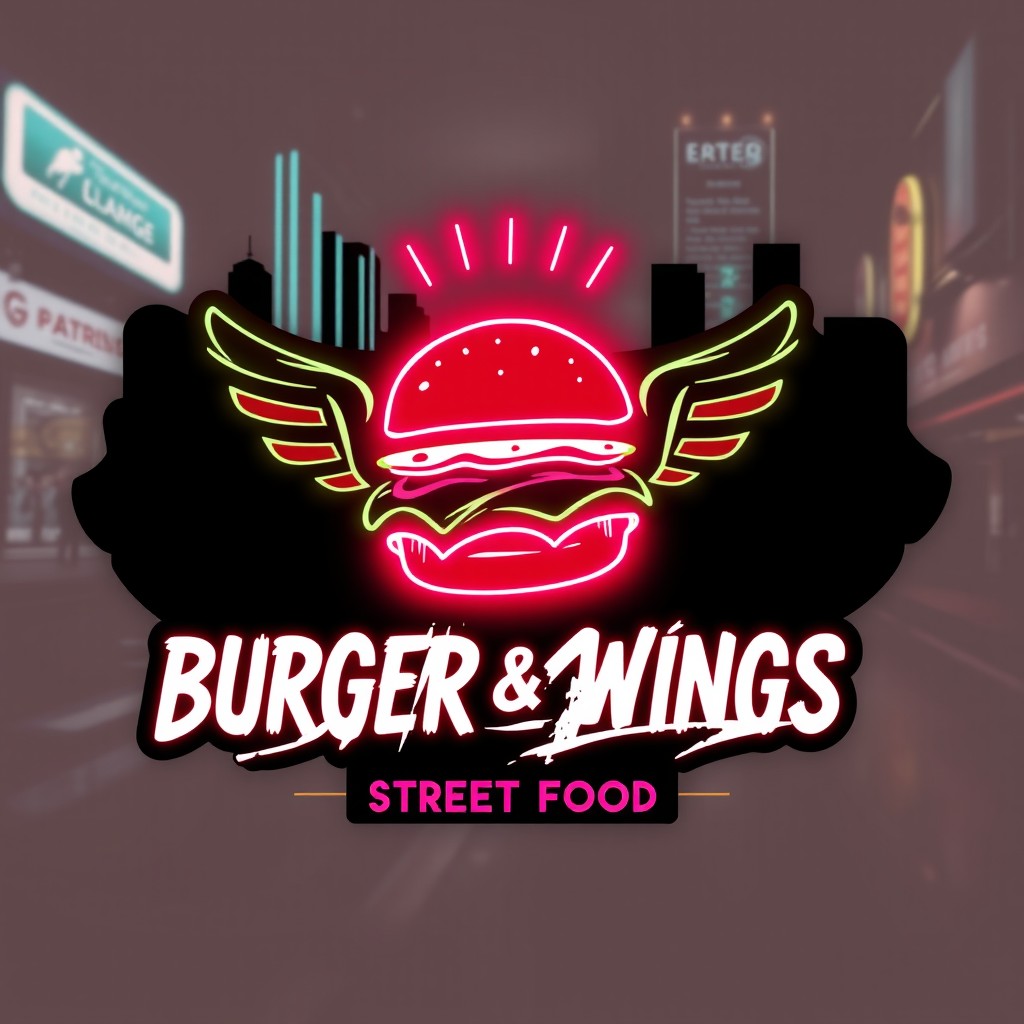 A logo design for a burger and wings street food brand, characterized by a retrofuturistic aesthetic
