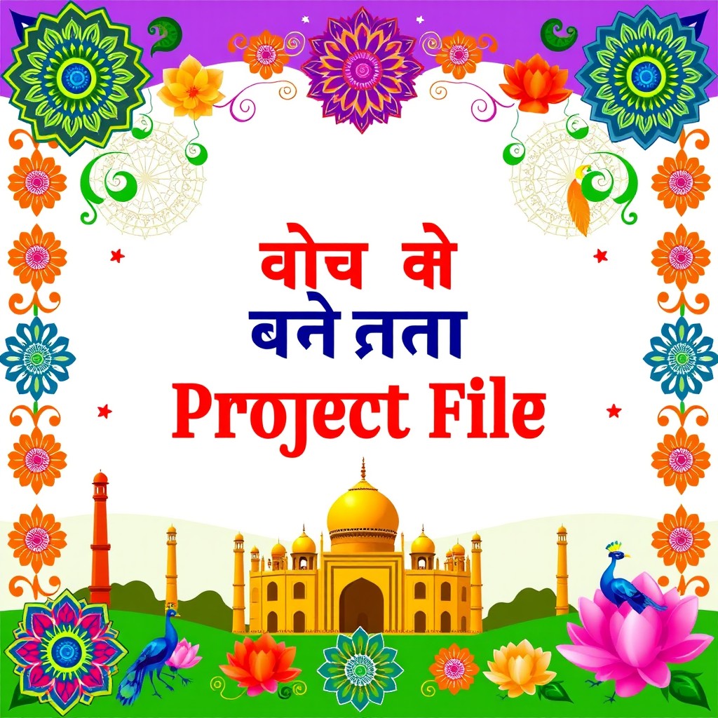 A colorful and vibrant cover page for a Hindi project file, featuring traditional Indian motifs such as mandalas and paisley patterns