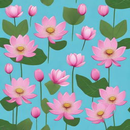 Tile pattern design on a sky blue background featuring small dark pink lotuses with green leaves.