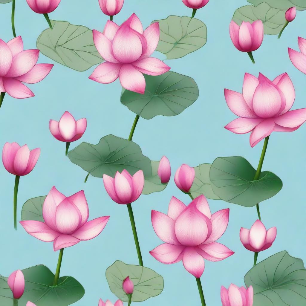 Tile pattern design on a sky blue background featuring small dark pink lotuses with green leaves.