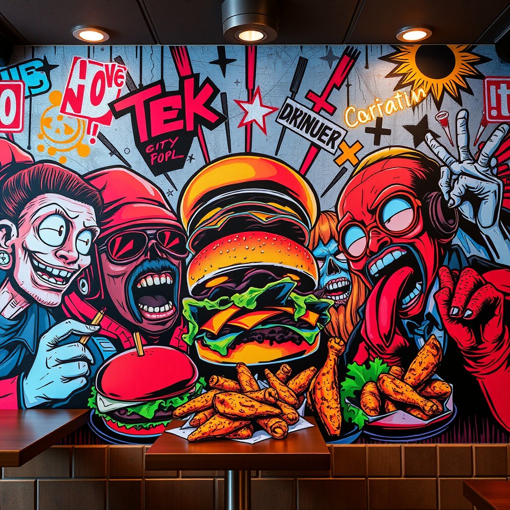 An interior wall mural in a retro-futuristic pop art style, capturing a vibrant urban and street food theme