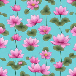 Tile pattern design on a sky blue background featuring small dark pink lotuses with green leaves.