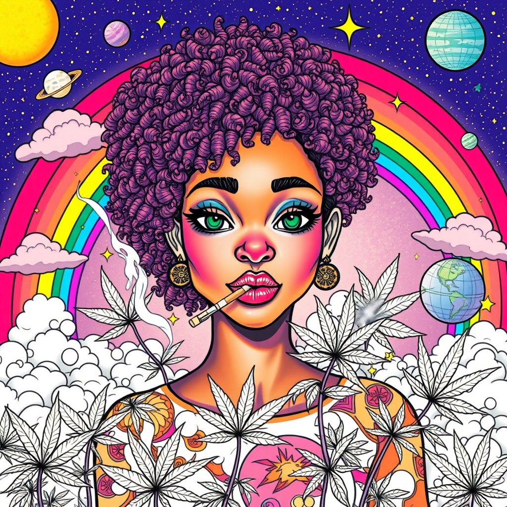 A captivating coloring page featuring a girl resembling an African descent in a trippy, psychedelic scene