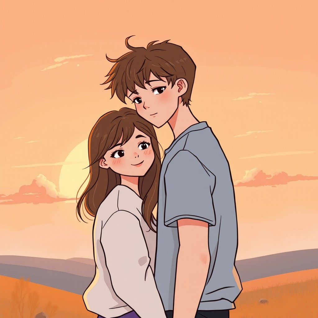 A romantic book cover featuring two teenagers standing face to face during sunset, showcasing warm, soft colors of orange, pink, and gold in the sky