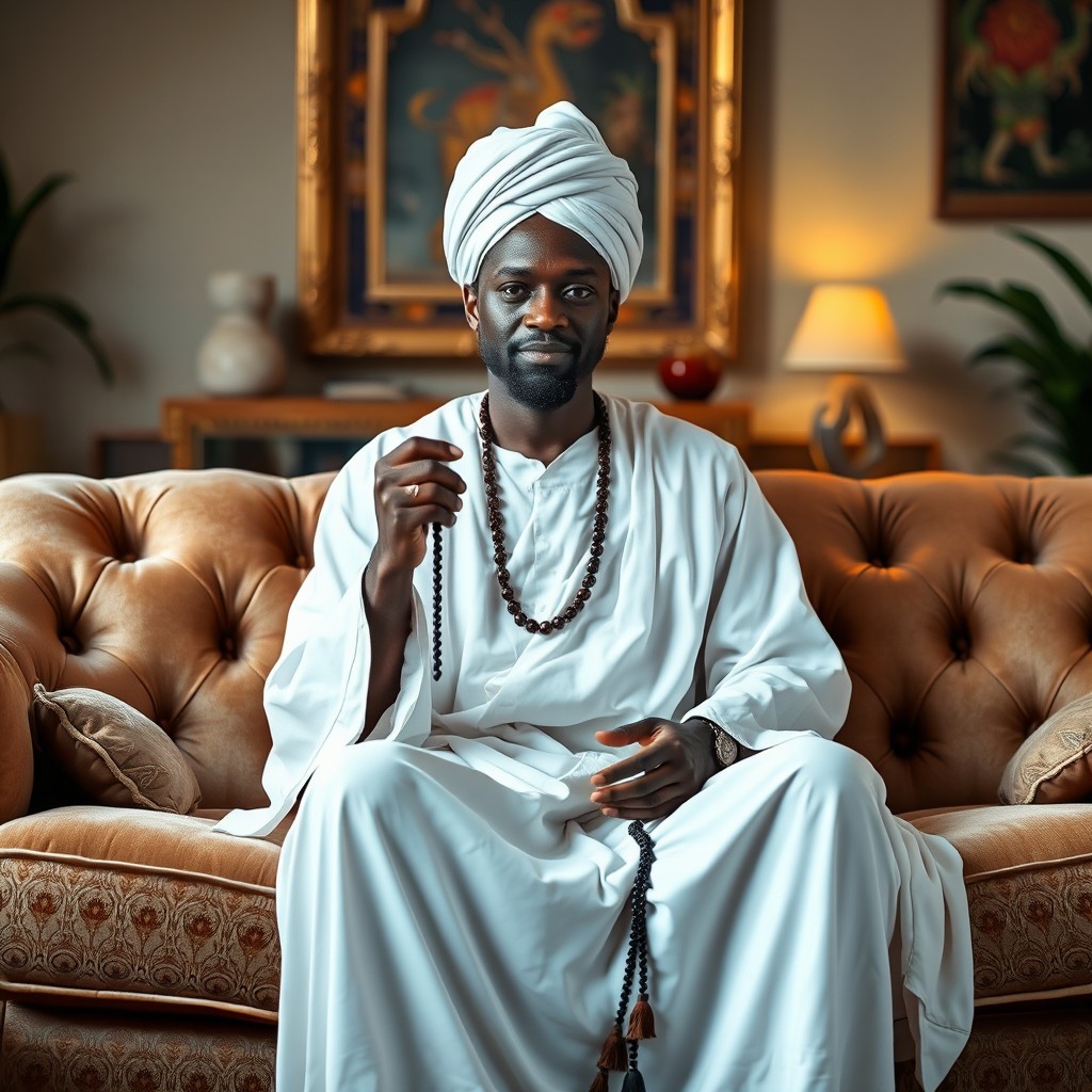 An African spiritual master seated elegantly on a plush sofa in a living room, holding a rosary in hand