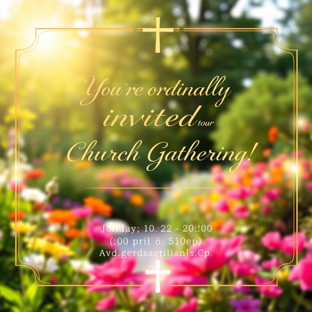 A beautifully designed invitation for a church gathering, featuring a serene background of a sunlit outdoor garden with colorful flowers and green trees