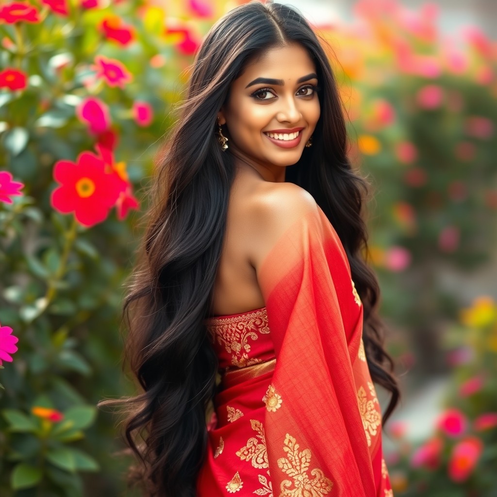 A stunning Indian woman with long, flowing black hair, captivating brown eyes, and a radiant smile