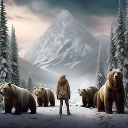 Recreate the image of the girl standing between two snow-capped mountains, surrounded by bears, in a photorealistic style.