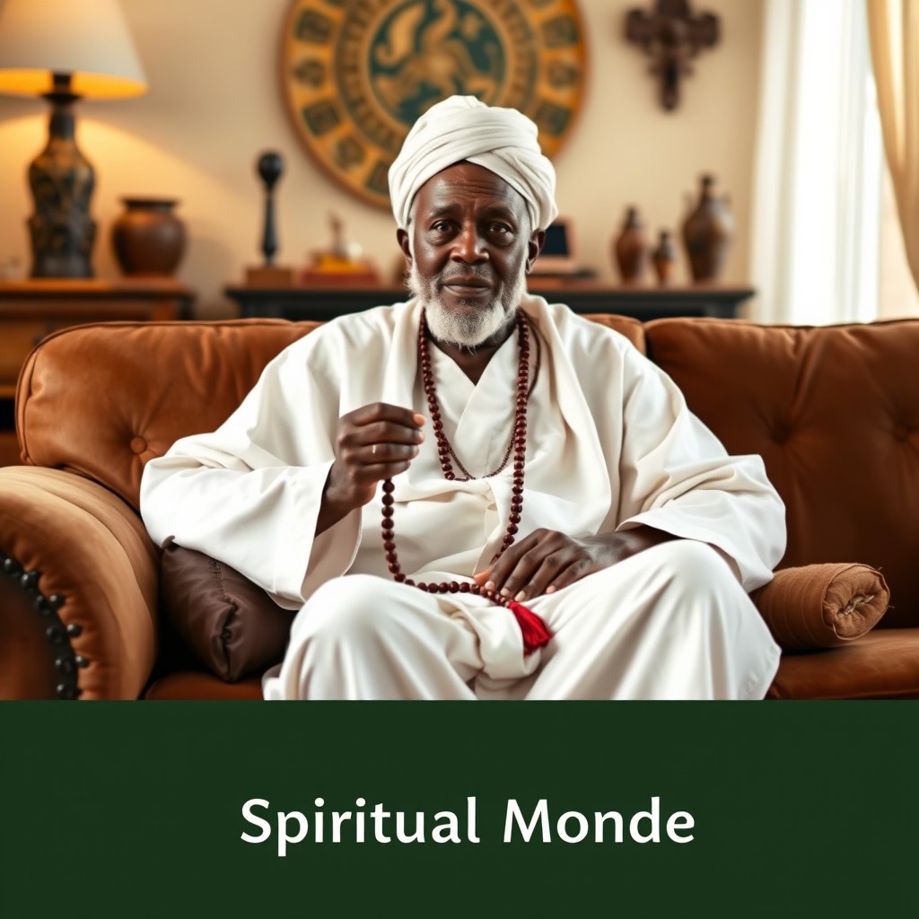 A wise old African spiritual master sitting on a plush sofa in a cozy living room