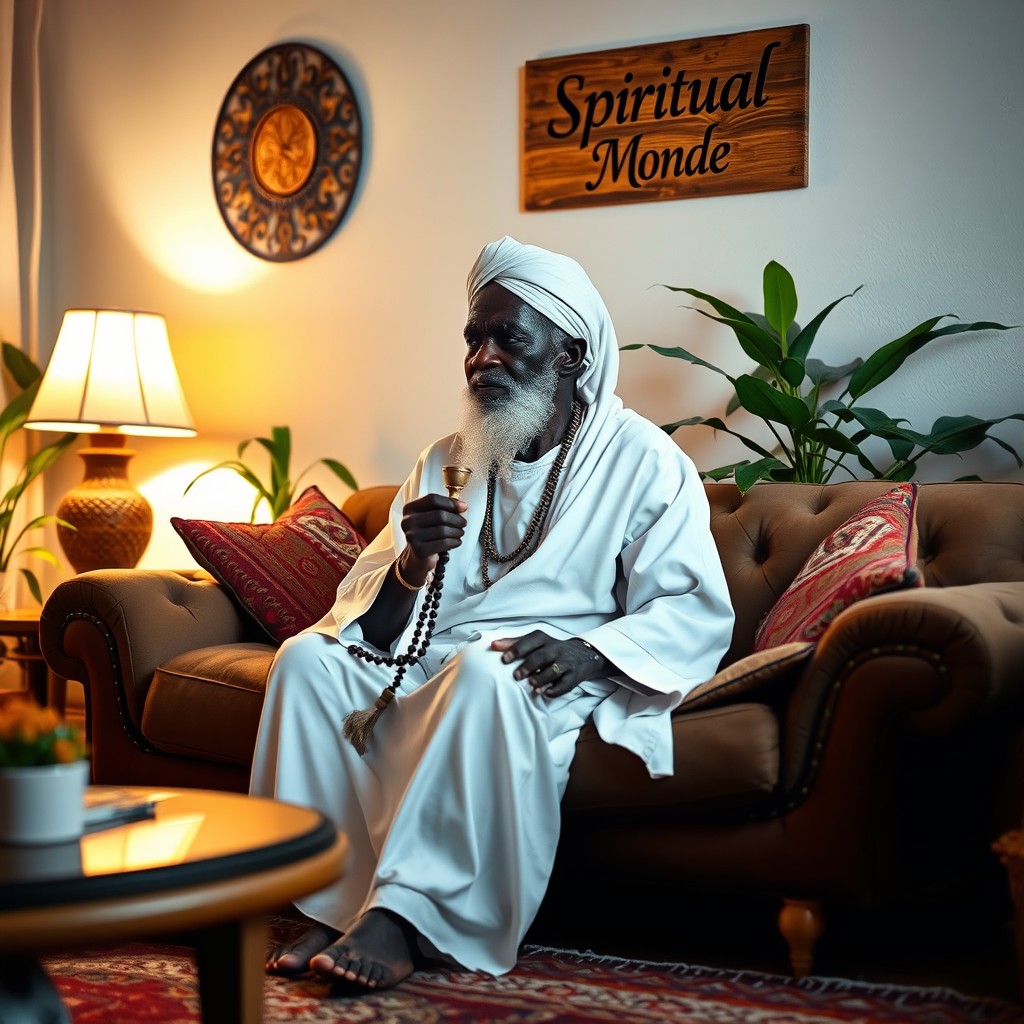 An elderly African spiritual master seated in a stylish sofa within a cozy living room, holding a rosary in his hand
