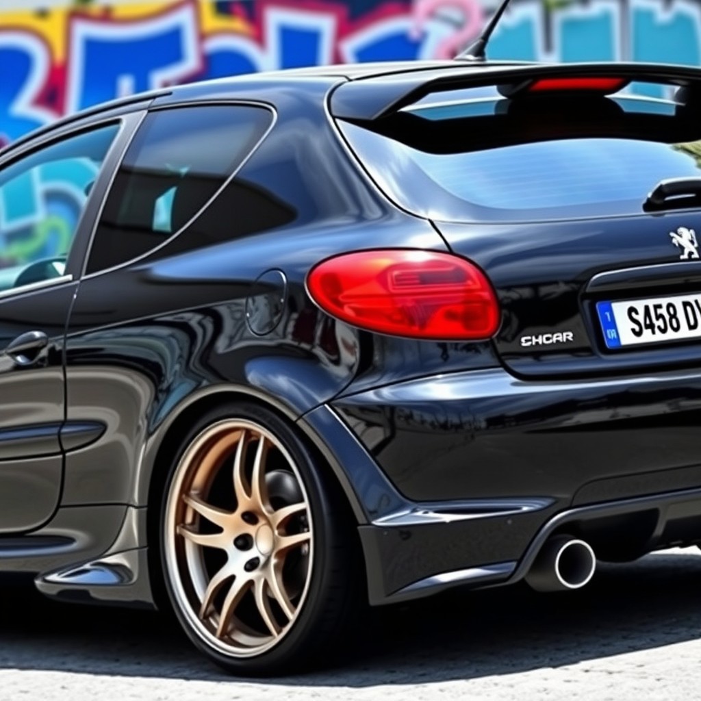 A modified black Peugeot 206 with striking visual enhancements