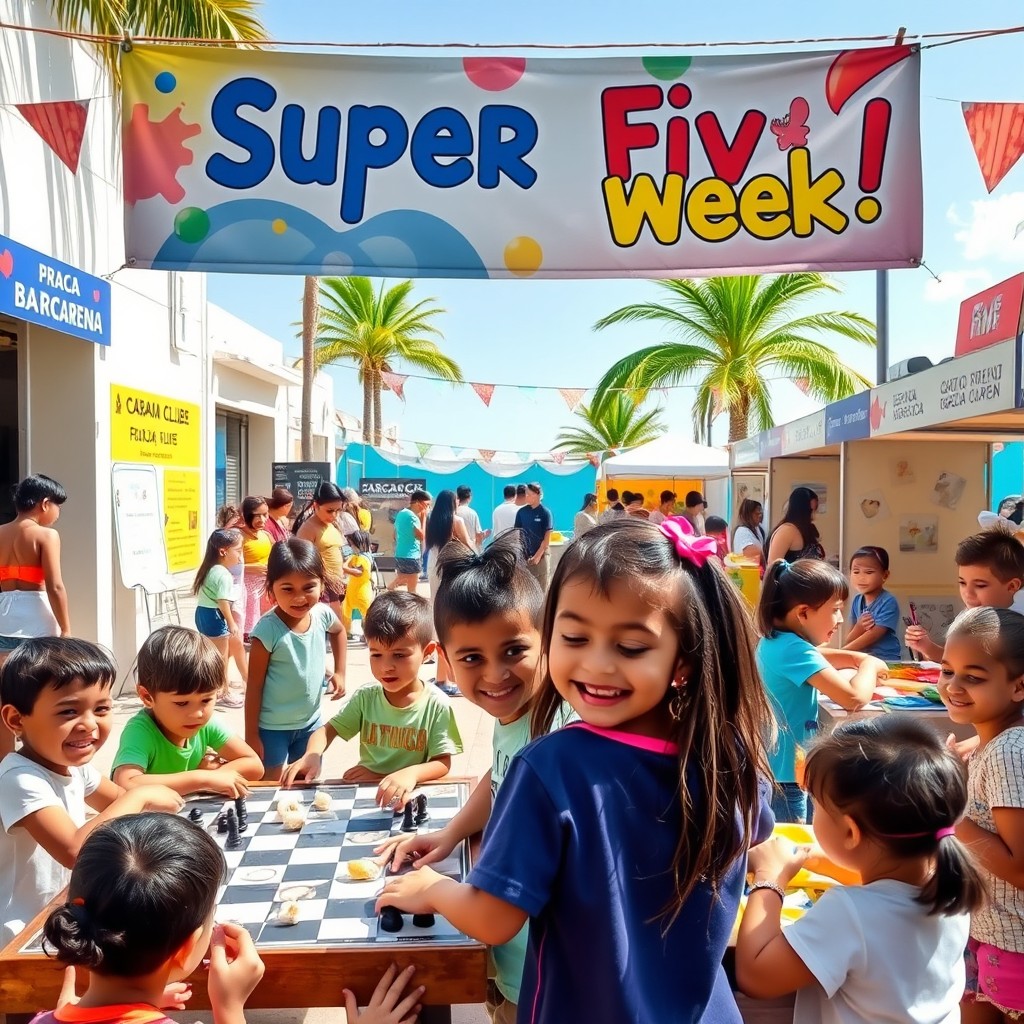 A vibrant and joyful scene depicting a fun summer activity week for children, showcasing a colorful banner that reads "Super Five Week!" across the top
