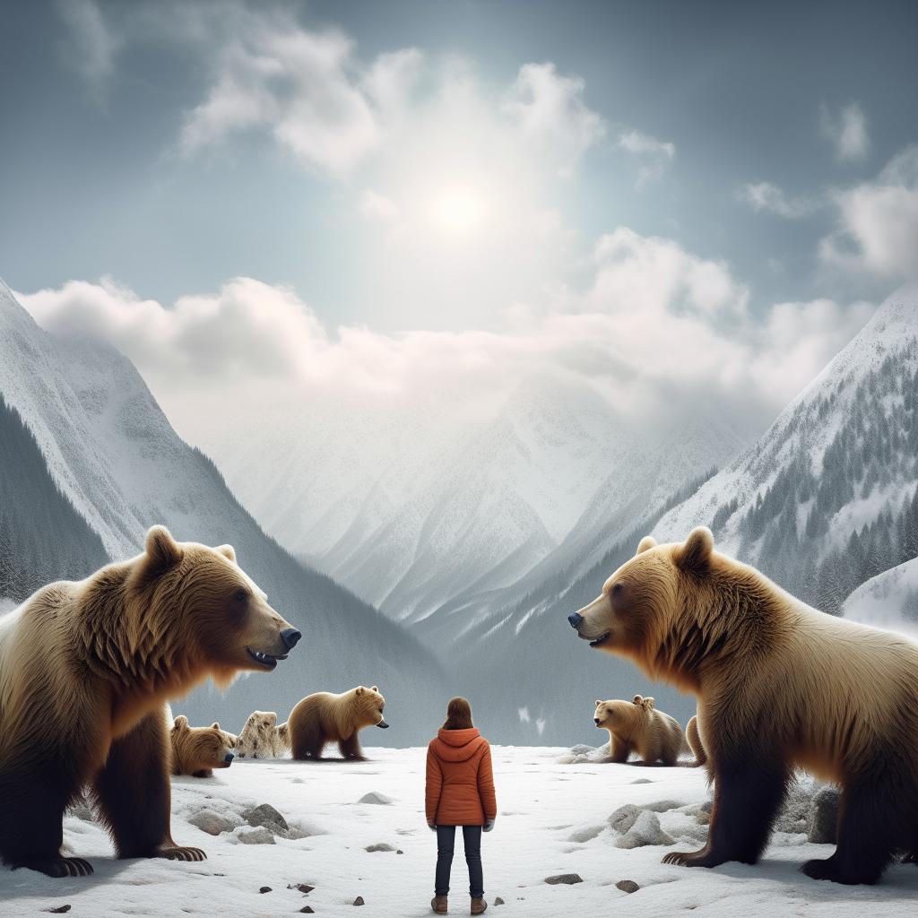 Recreate the image of the girl standing between two snow-capped mountains, surrounded by bears, in a photorealistic style.