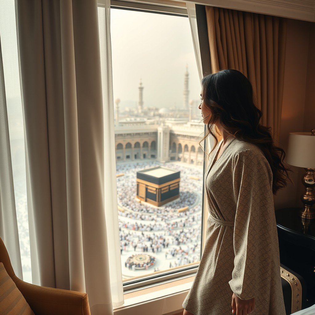 A stunning view of Jhanvi Kapoor looking out of a hotel room window that overlooks a breathtaking scene of Tawaf in Madina