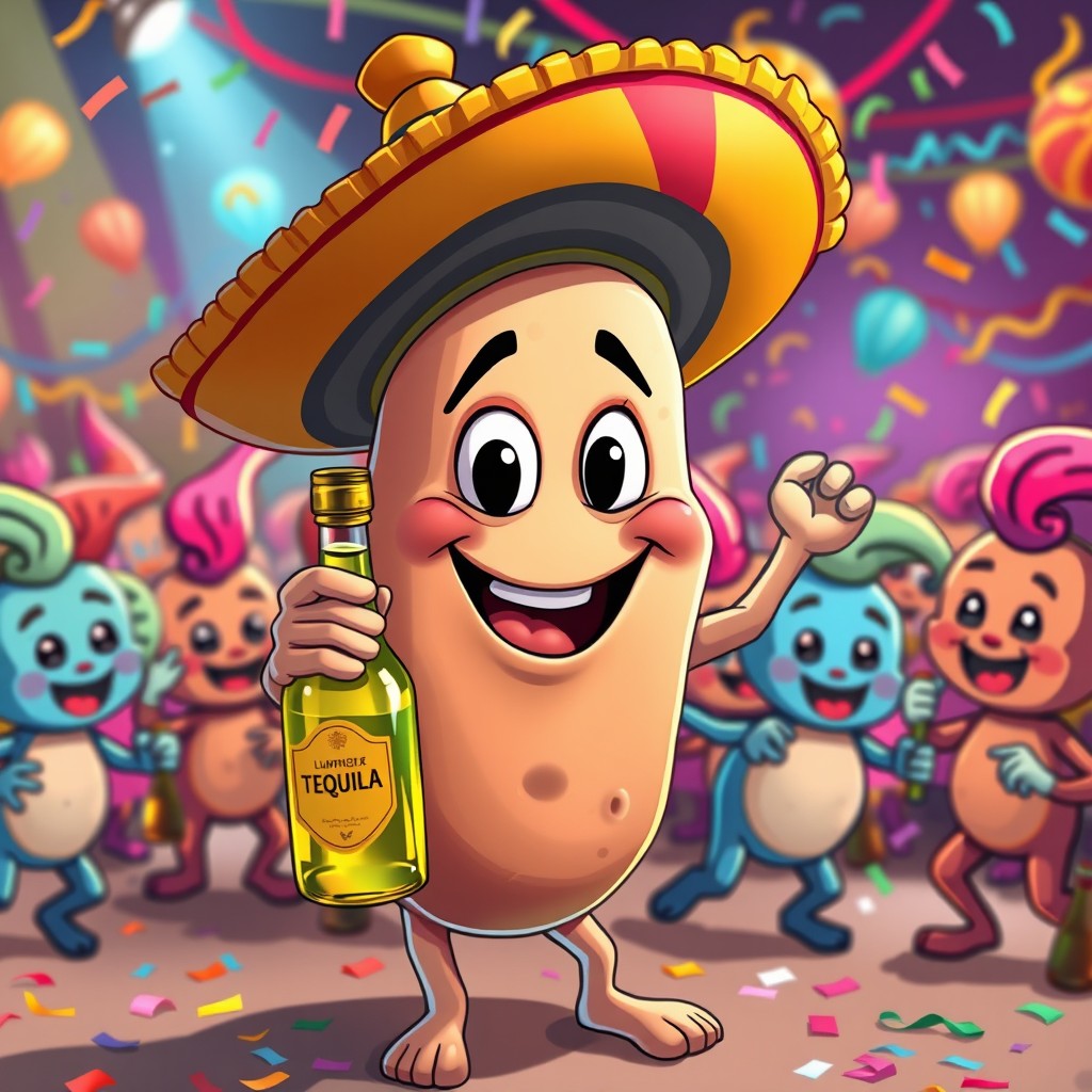 A cheerful cartoon lymph node wearing a colorful sombrero, holding a bottle of tequila, dancing at a vibrant party filled with cartoon twinks