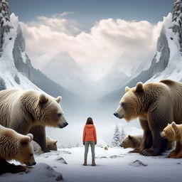 Recreate the image of the girl standing between two snow-capped mountains, surrounded by bears, in a photorealistic style.