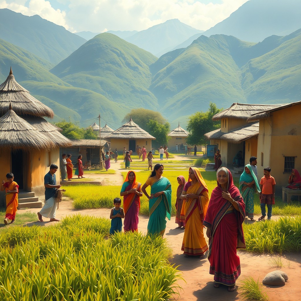 A beautiful digital painting capturing Indian village people expressing their love for their motherland
