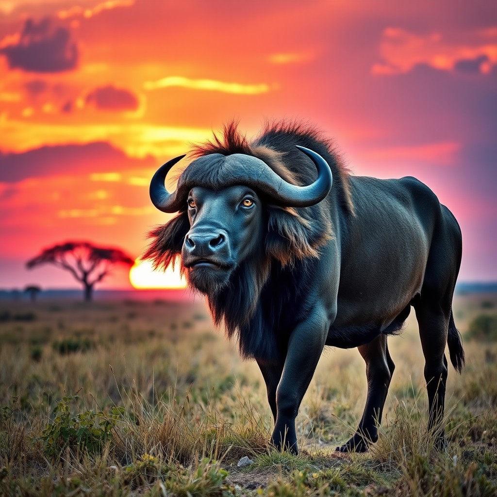 A majestic buffalo lion, embodying the strength of a buffalo and the fierce mane of a lion