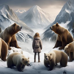 Recreate the image of the girl standing between two snow-capped mountains, surrounded by bears, in a photorealistic style.