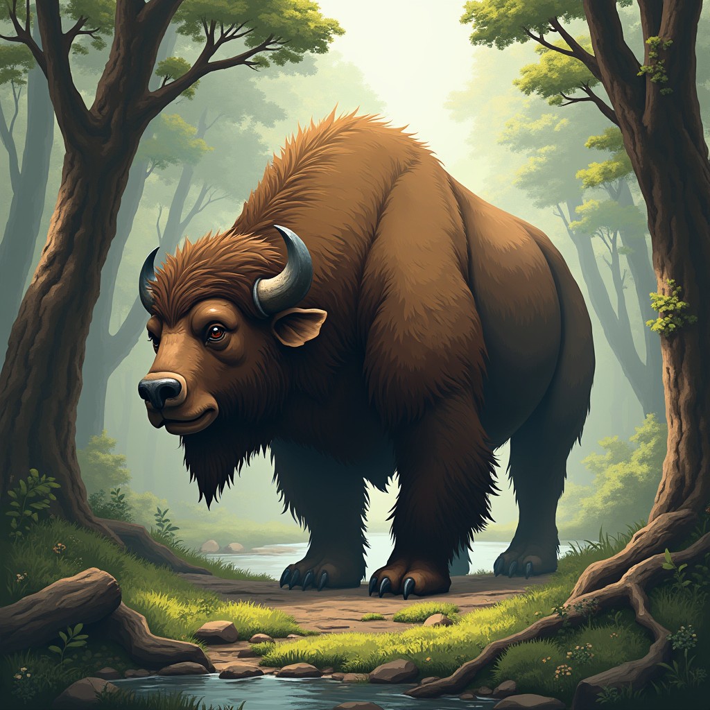 An imaginative creature that is a blend of a buffalo and a bear, depicted roaming a serene forest landscape