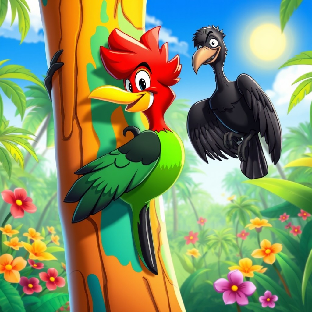A vibrant and playful scene featuring a cartoonish woodpecker named Pica Pau and a mischievous vulture named Zeca Urubu