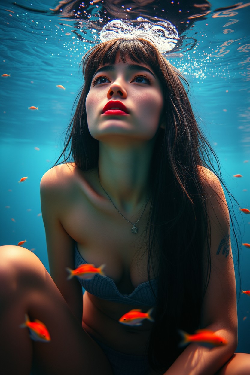 A stunning 20-year-old woman with luscious lips, textured fair skin, and long black hair flowing down to her waist with bangs, featuring striking red eyes