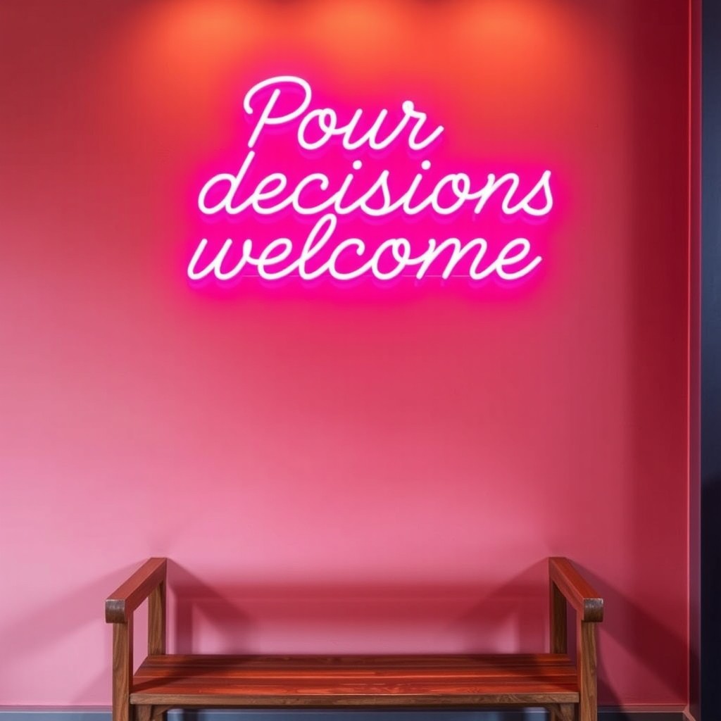 A dusty rose or terracotta wall as the background, featuring a vibrant neon sign or 3D lettering in elegant calligraphy that reads "Pour decisions welcome