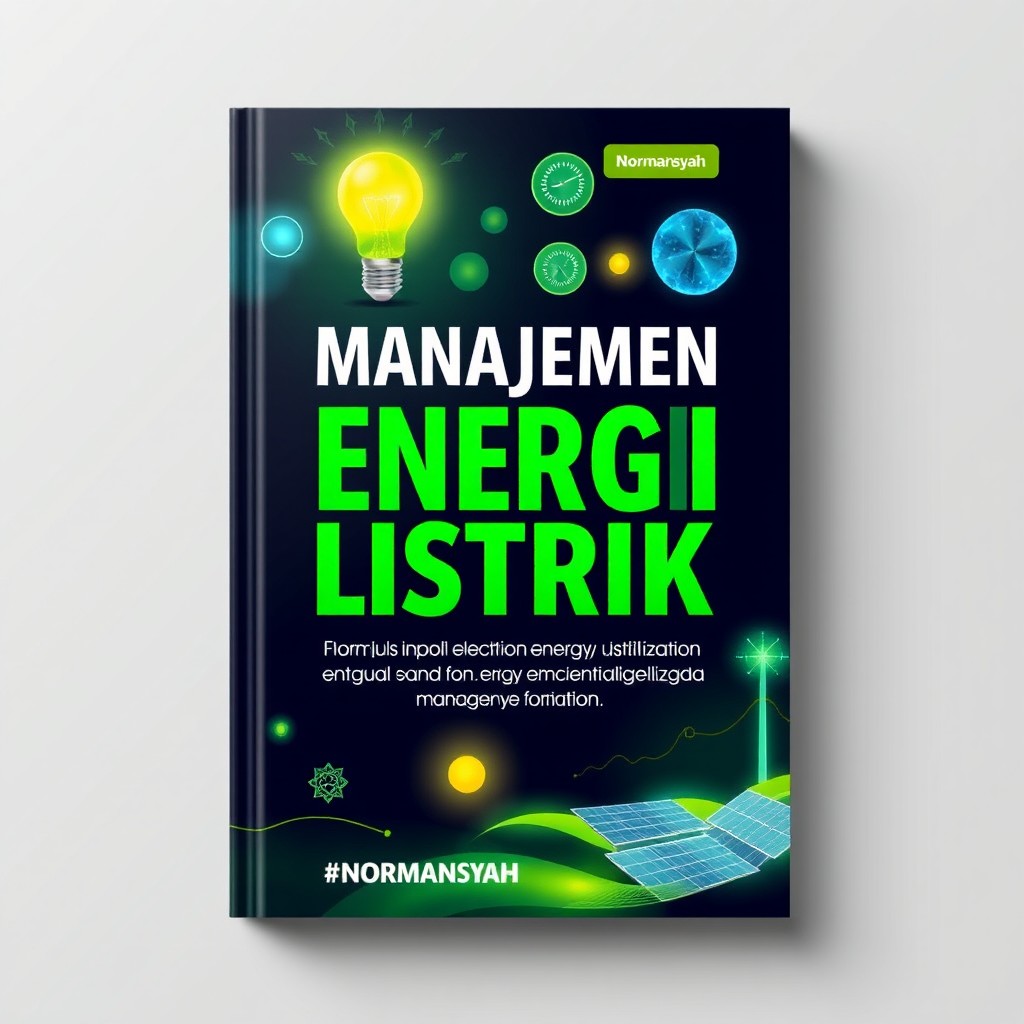 A book cover design for "Manajemen Energi Listrik" written by Normansyah, focusing on the optimization of electrical energy utilization