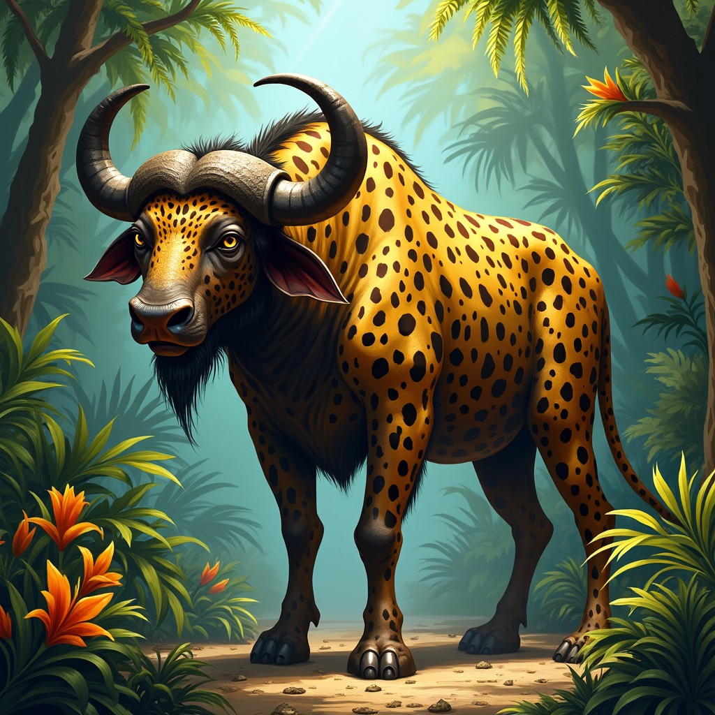 An imaginative creature that is a blend of a buffalo and a leopard, depicted in a vibrant jungle setting
