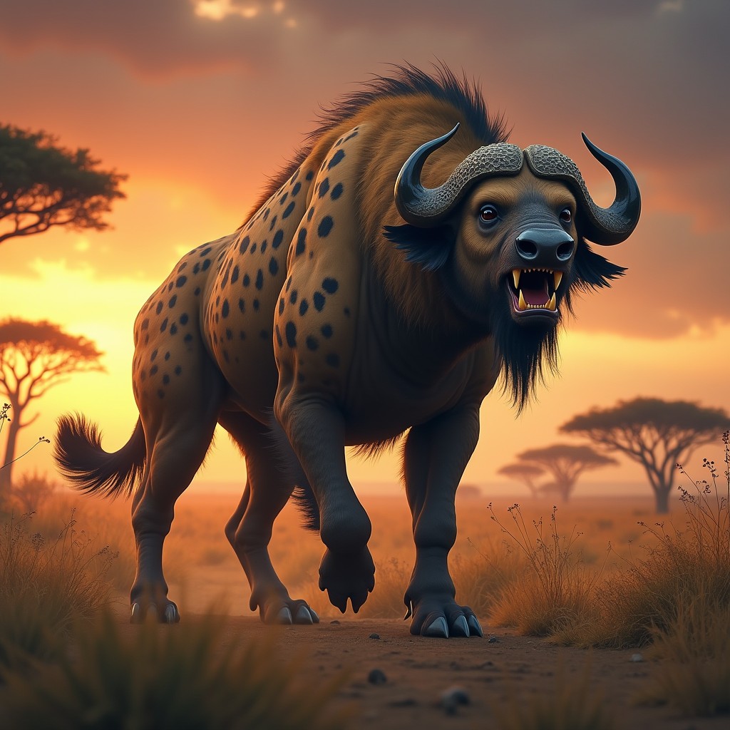 A unique hybrid creature combining elements of a buffalo and a hyena, portrayed in a wild and dramatic savannah landscape