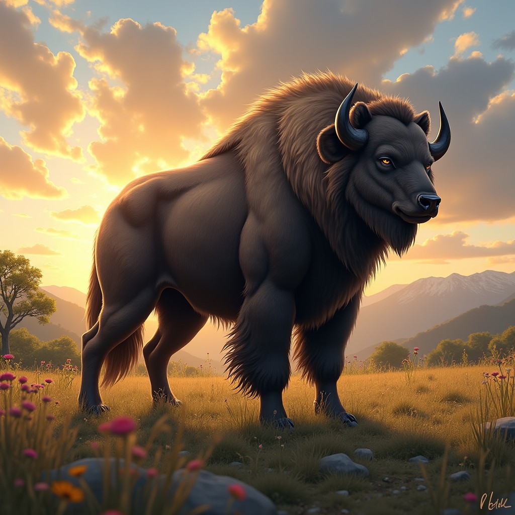A majestic hybrid creature resembling a buffalo wolf, showcasing the robust body of a buffalo with the sleek and agile features of a wolf