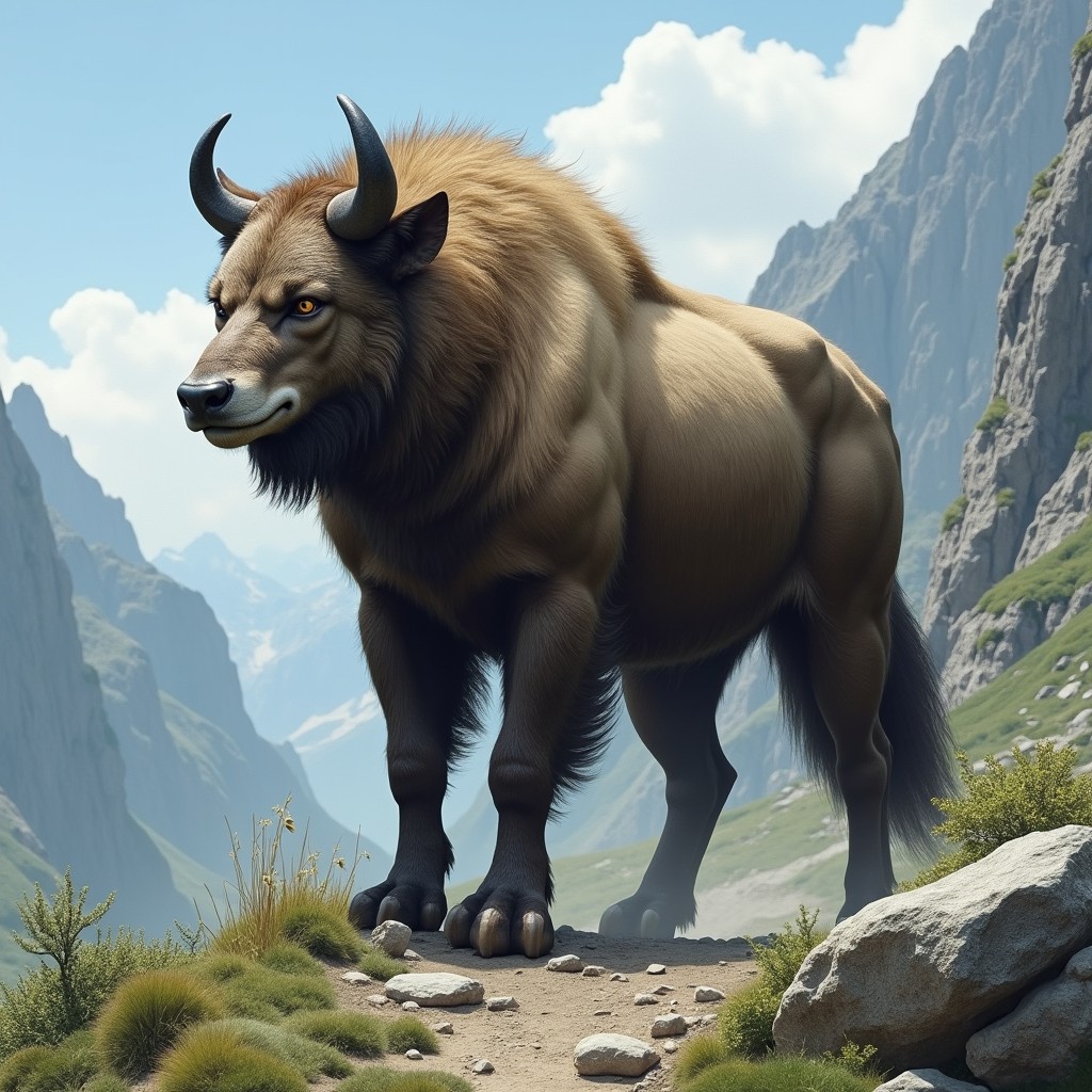 A fascinating creature that is a hybrid of a buffalo and a wolf, depicted in a serene mountainous landscape